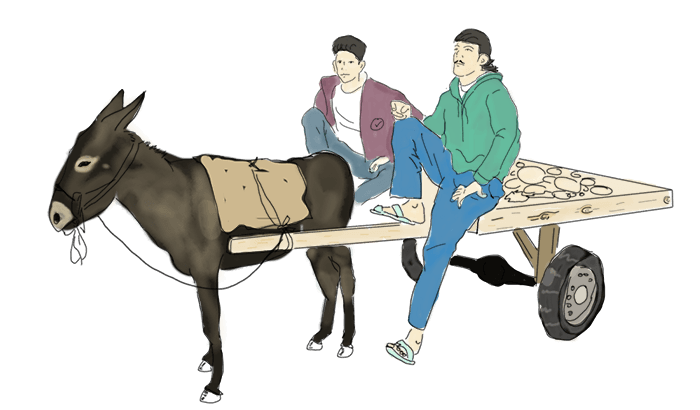 رسمة لرافاييل لايساندر عن بائع الخبز اليابس على حمار